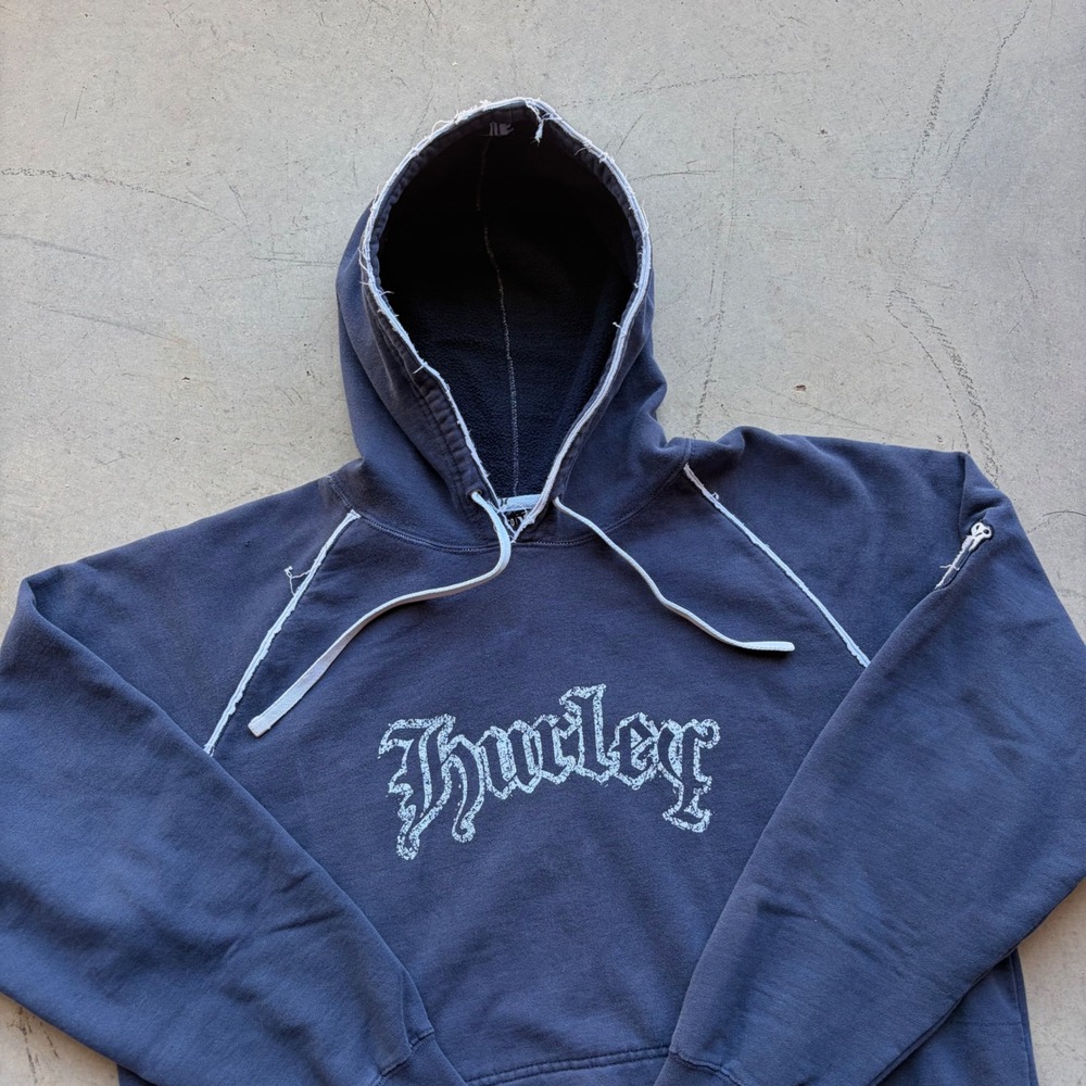 Hurley Mens Vintage Gothic Logo Raglan Hoodie Navy Blue Distressed Large